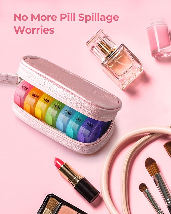 Cute Pill Organizer 2 Times a Day, PU Leather Pill Case for Women, Portable Weekly Pill Box for Purse with Storage Bag to Hold Vitamins, Medications, Fish Oils, Supplements (Pink)