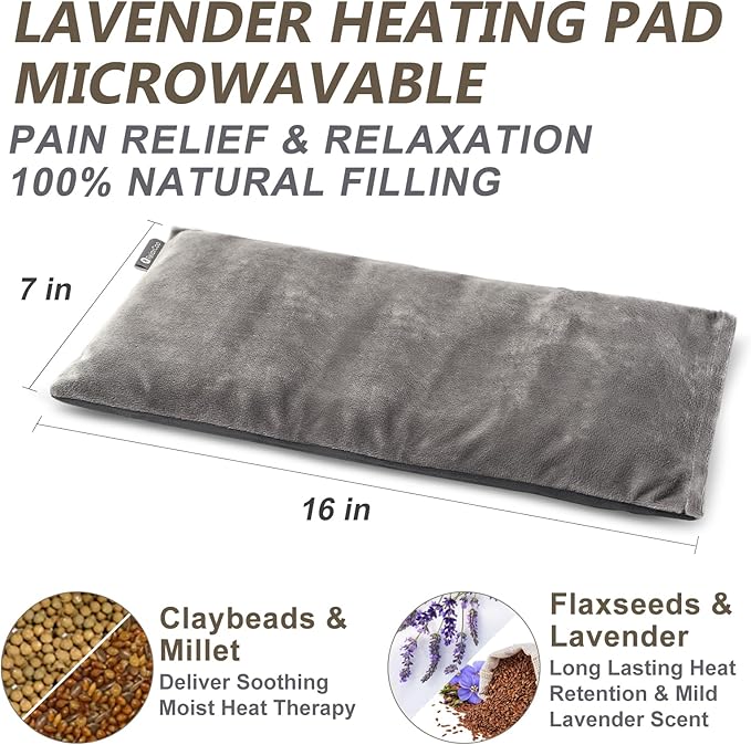 Microwave Heating pad with Washable Cover 7 * 16" Microwavable Moist Heat Pad for Neck Shoulder, Cramps, Back Pain Relief, Warm Compress Rice Bean Bag Hot Pack for Muscles, Joints, Lavender