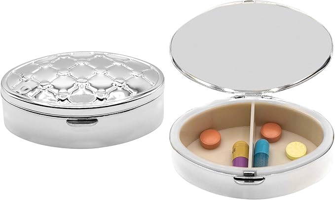 Set of 2 Oval-Shaped Pocket Purse Pill Box & Organizer with Dual Compartments (Silver Drops)