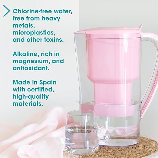 Alkanatur Alkaline Hydrogen Water Filter Pitcher - Removes Fluoride, Chlorine, Microplastics, PFAs, Lead - Activated Coconut Carbon + Clinoptilolite Zeolite, Ionizer, pH 9.5, Adds Magnesium