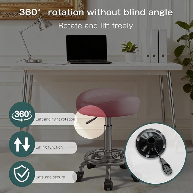 Saddle Stool, Adjustable Height Ergonomic Swivel Chair with Wheels, PU Leather Saddle Seat with Ring Pedal for Salon, Massage, Clinic, Lab, and Office