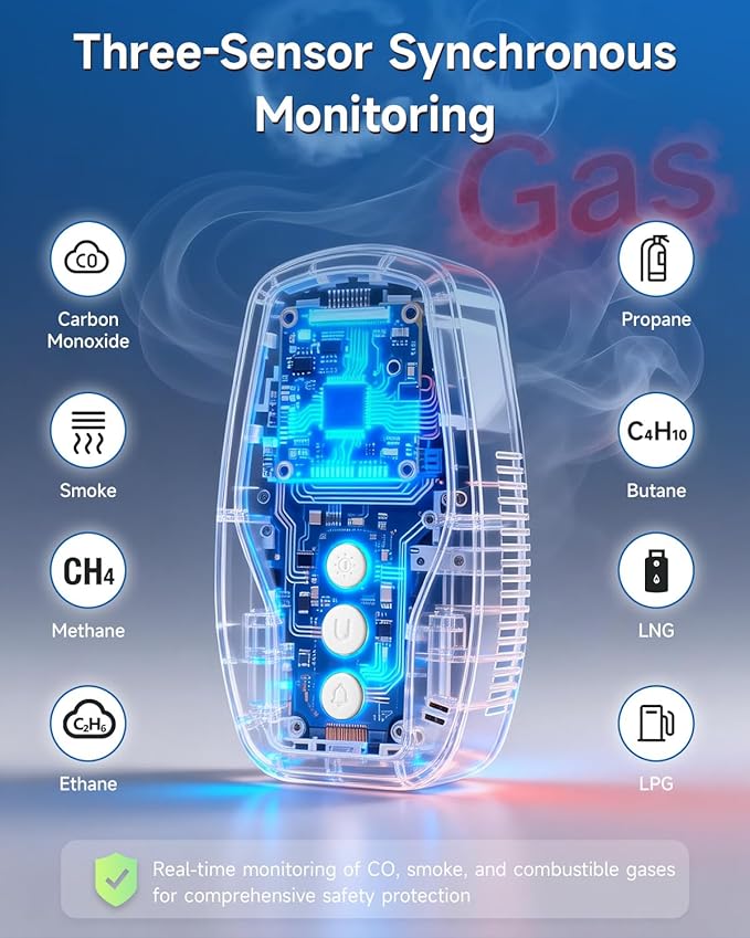 5-in-1 Smoke ＆ Carbon Monoxide Detector, Plug in Natural Gas Leak Detector with Battery Backup, CO ＆ Smoke Alarm with Temp & Humidity, CO Gas Detector Monitor for Home/RV/Hotel/Travel