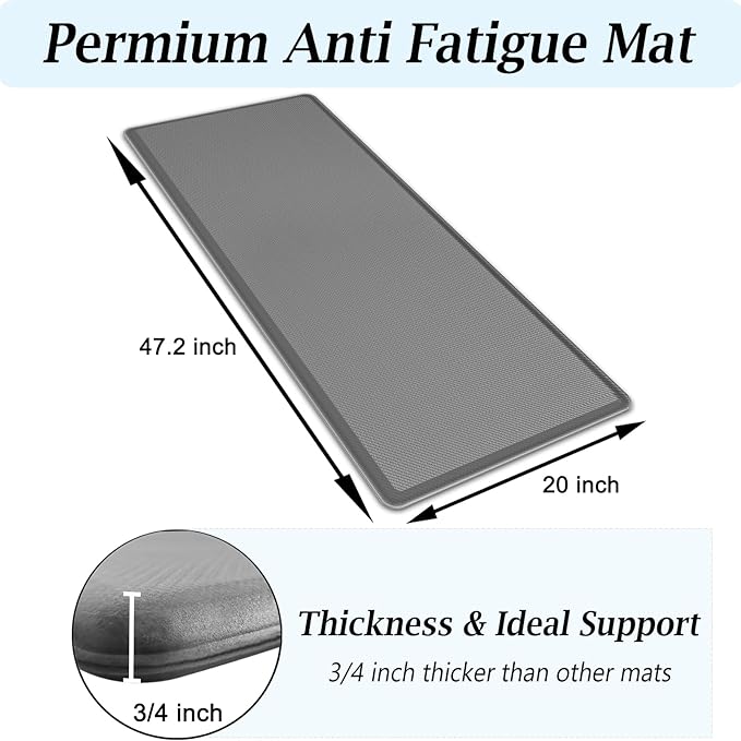 Artnice Kitchen Mats for Floor, 3/4 Inch Thick Cushioned Anti Fatigue Mat, Waterproof Non-Slip Kitchen Rugs, Stain Resistant Comfort Padded for Standing Desk, Sink, Office, (20" x 47.2", Grey)