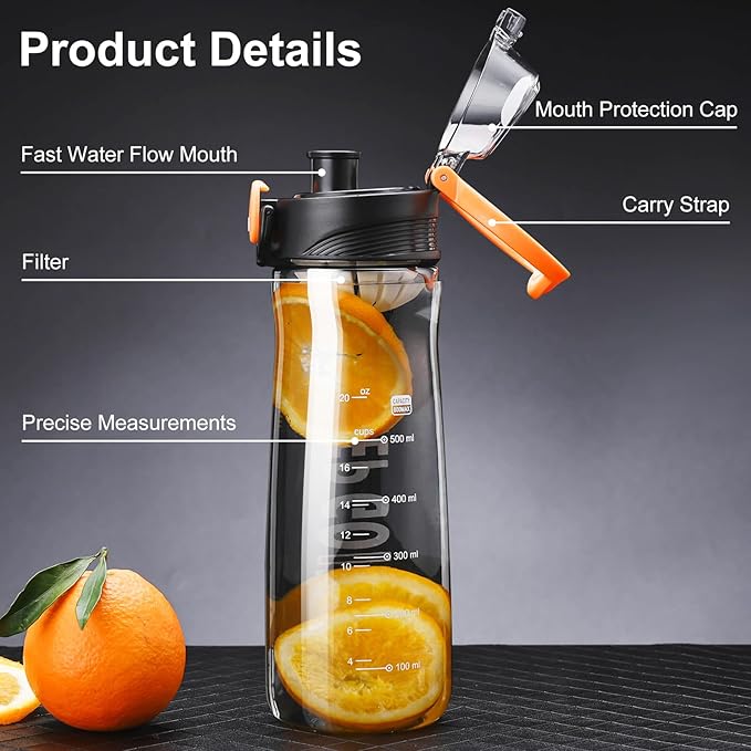 27OZ Reusable Plastic Water Bottle, Clear with Measurements, Sports Bottle for Running, Gym, Hiking, Black