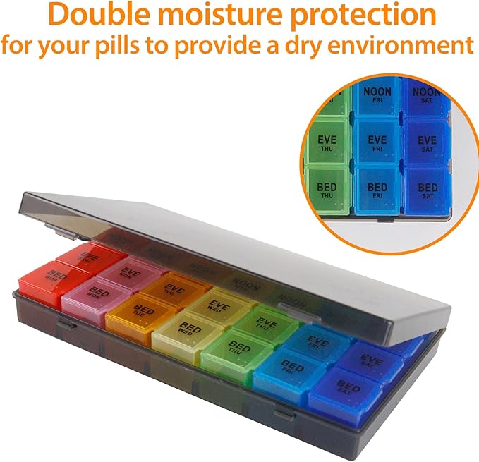 Weekly Pill Organizer 4 Times a Day, 7-Day Pill Boxes, Monthly Medication Organizer 28 Days Portable Compartments & Moisture-Proof Black Outer Case for Vitamins, Fish Oils, Supplements(Color)