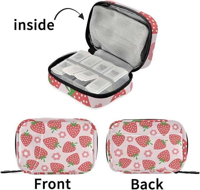 Strawberry Fruits Floral Pill Box 7 Day Pill Case Travel Pill Organizer Bag with Zipper Portable Weekly Vitamin Medicine Supplement Holder Pouch Bag
