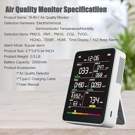 Professional Indoor Air Quality Monitor with AQI Alerts, Portable Real-Time Detector for Home, Car, Plants & Pet