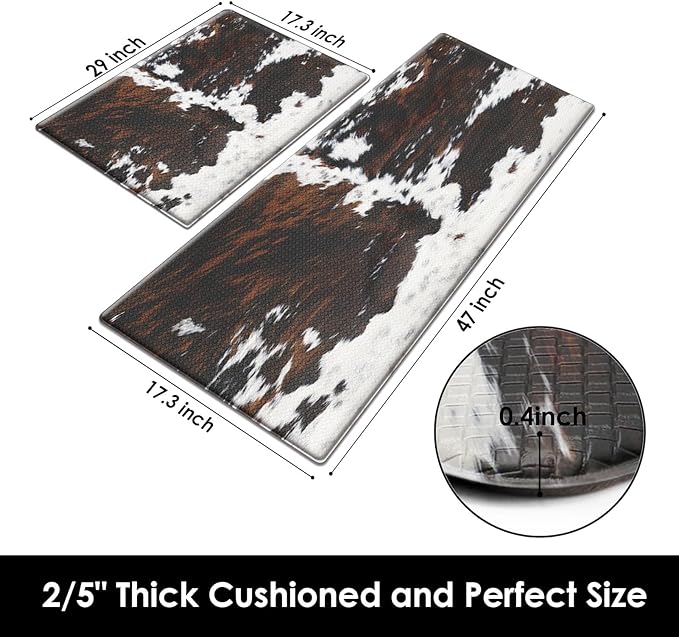 Arttown Brown Anti-Fatigue Kitchen Rug Set of 2 Cow Bull Farm Cushioned Floor Standing Mat Waterproof Non-Slip Mat and PVC Ergonomic Comfort Foam Rug