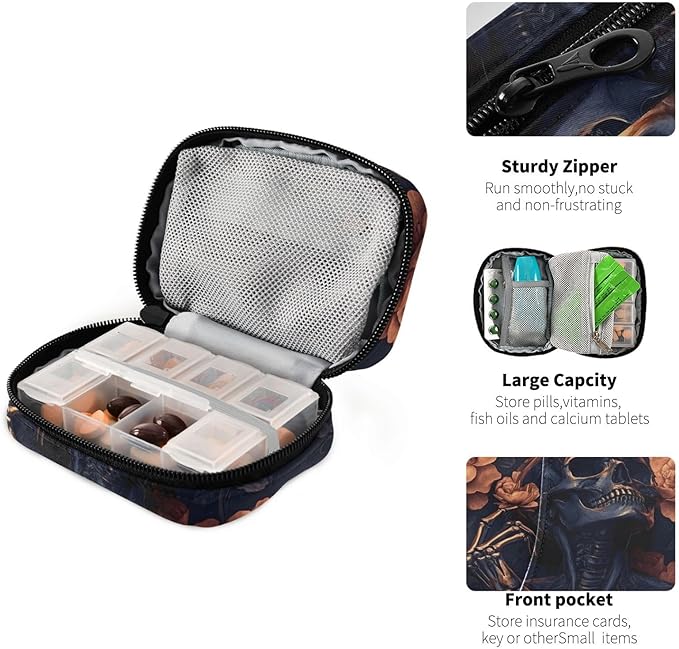 Pill Organizer Case Bronze Skull Print, Pill Box 7 Days Portable Weekly Pill Purse Pouch