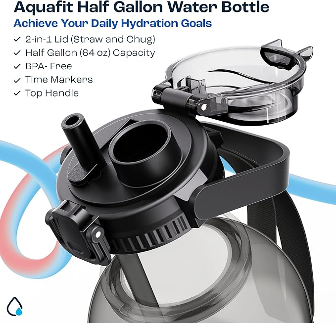 AQUAFIT 64 oz Water Bottle with Time Marker - 2in1 Straw & Chug Lid - BPA Free Big Water Bottle with Straw - Gym Water Bottle with Strap - Water Jug (64 Ounces, Nebula)