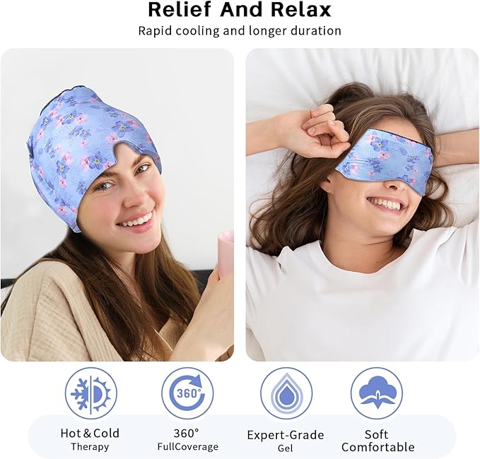 Migraine Relief Cap, Gel Cooling Eye Mask, Cooling Gel Relief 2 Pack Set, Headache Relief with Hot/Cold Gel, Instant Headache Relief, Reusable Gel Eye Mask Ice Pack for Stress Relief