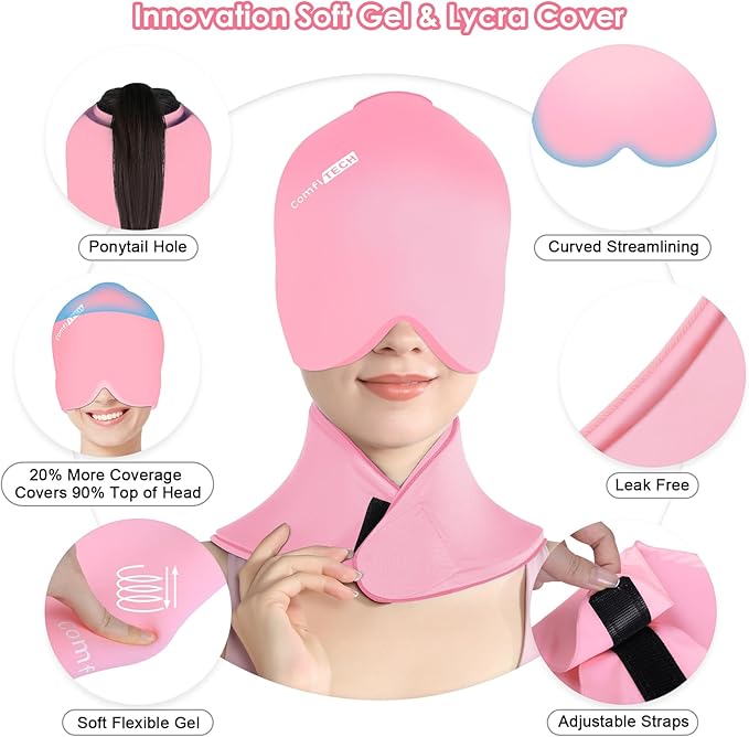 ComfiTECH Cold Cap and Neck Ice Pack Wrap Gel Combo, Care Package for Head and Cervical, Pink