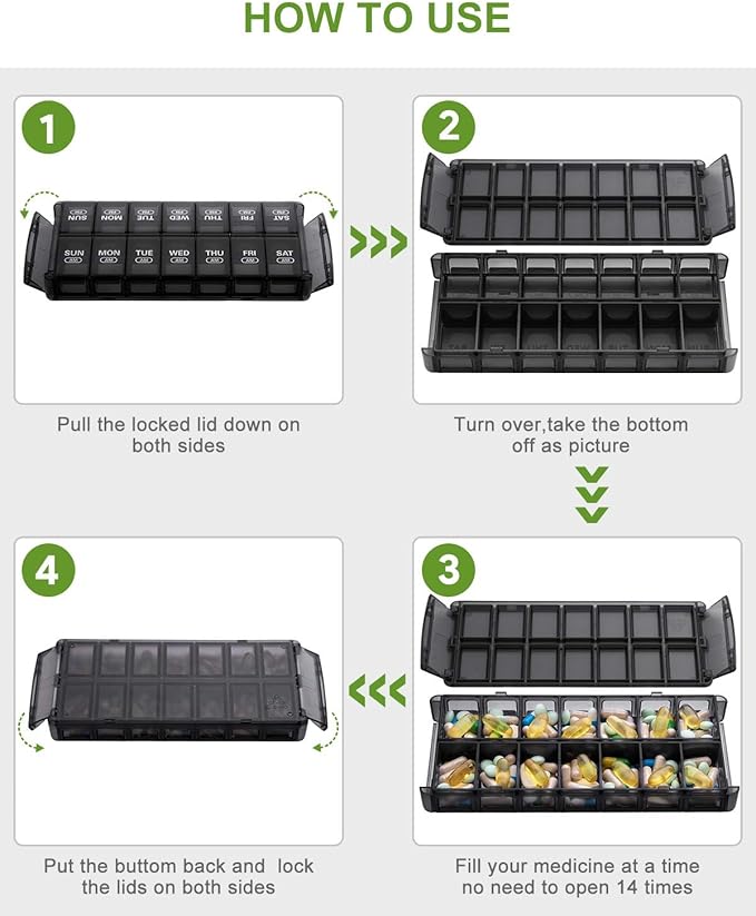 Sukuos Weekly Pill Organizer 7 Day 2 Times a Day, Quick Fill Daily Pill Box (AM PM), Extra Large Pill Cases for Vitamin/Fish Oil/Supplements, Arthritis Friendly, Easy to Clean