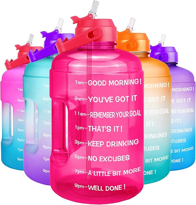QuiFit 1 Gallon Water Bottle - with Straw & Motivational Time Marker Leak-Proof BPA Free Reusable Gym Sports Outdoor Large(128OZ/73OZ) Capacity Water Jug