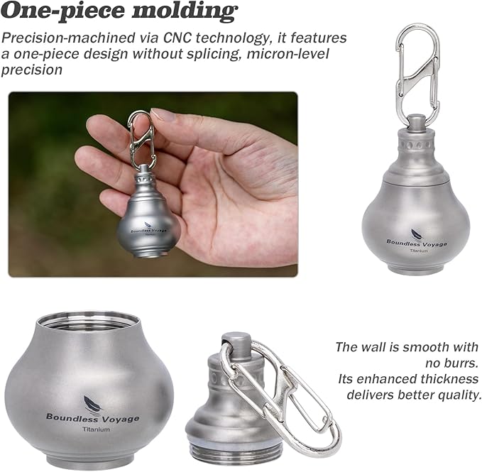 iBasingo Titanium Mini Pill Bottle Keychain Ultralight Waterproof Portable Medicine & Vitamin Storage Case for Outdoor Travel Emergency Metal Gourd Design (32.5g) Ti9006O (Titanium Original)