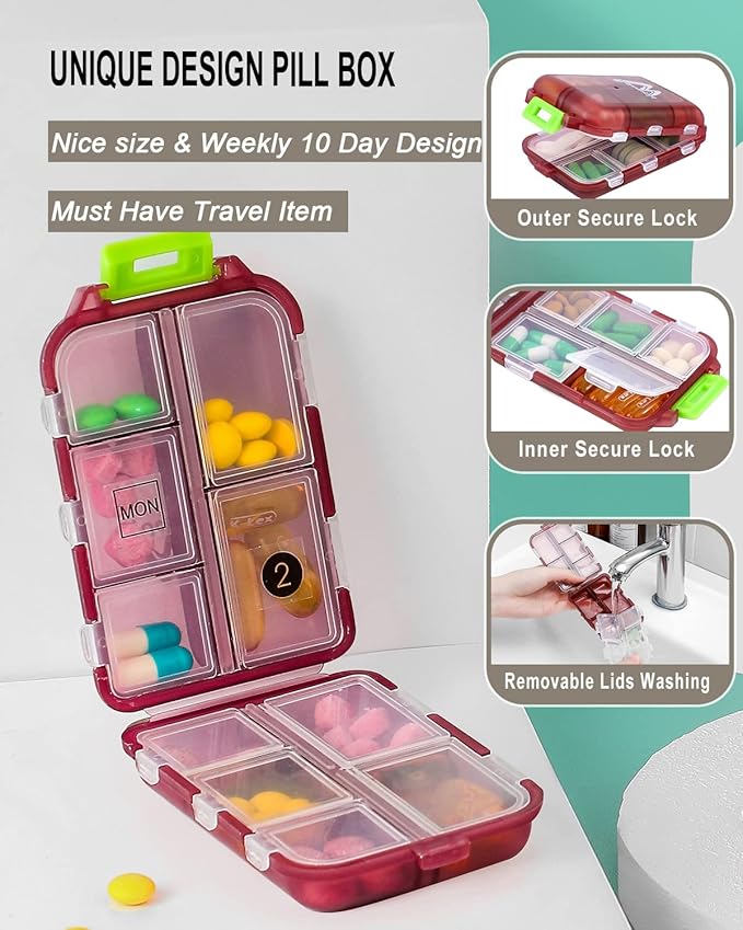 M MUchengbao Travel Pill Organizer Pocket Pharmacy ，with 3 Types of Labels 10 Compartments Small Fold Pill Box BPA-Free Daily Travel Pill Case Medicine Organizer for Store (Red)