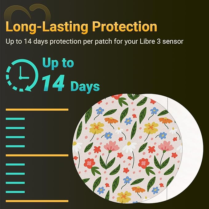 Libre 3 Sensor Covers Waterproof, Amolyfe 10 Pack Freestyle Libre 3 Plus Covers, Bump-Proof with Hard Cap, Breathable Latex Free Glucose Sensor CGM Adhesive Patches, 14-Day CGM Protection (G.Flower)