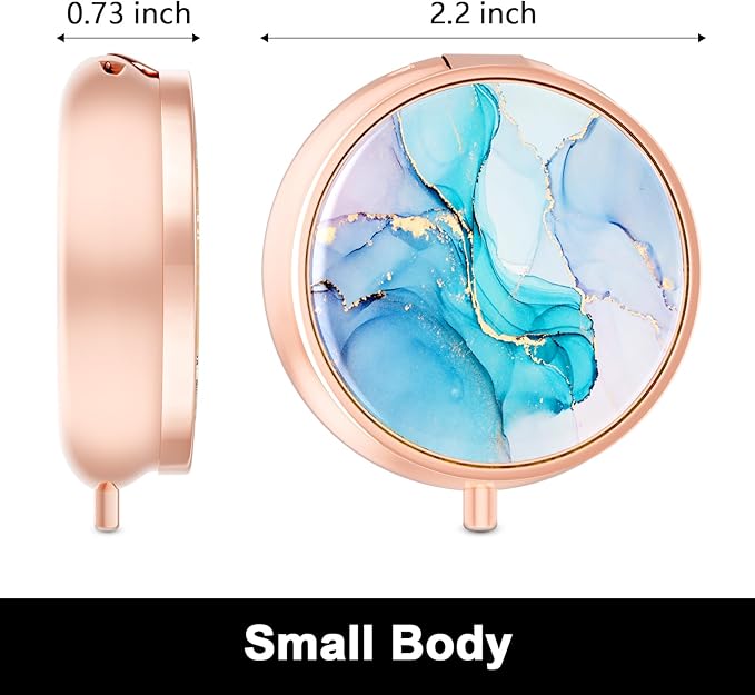 Rouidr Pill Box, 3 Compartment Medicine Pill Case, Small Metal Travel Medicine Box for Purse & Pocket, Rose Gold, Colorful Ink Marble