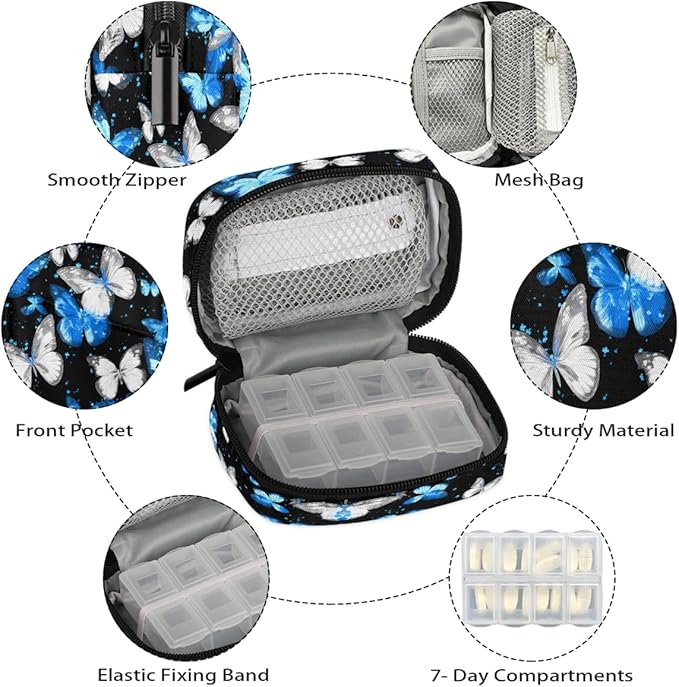 Beautiful Blue Butterflies Pill Case Travel Pill Organizer Weekly 7 Day Portable with Zipper Medicine Box Pill Case for Vitamins, Birth Control,Fish Oils,Medication, Supplements