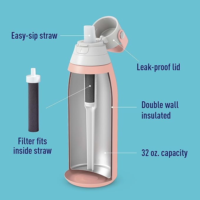 Brita Stainless Steel Premium Filtering Water Bottle, BPA-Free, Reusable, Insulated, Replaces 300 Plastic Water Bottles, Filter Lasts 2 Months or 40 Gallons, Includes 1 Filter, Rose - 32 oz