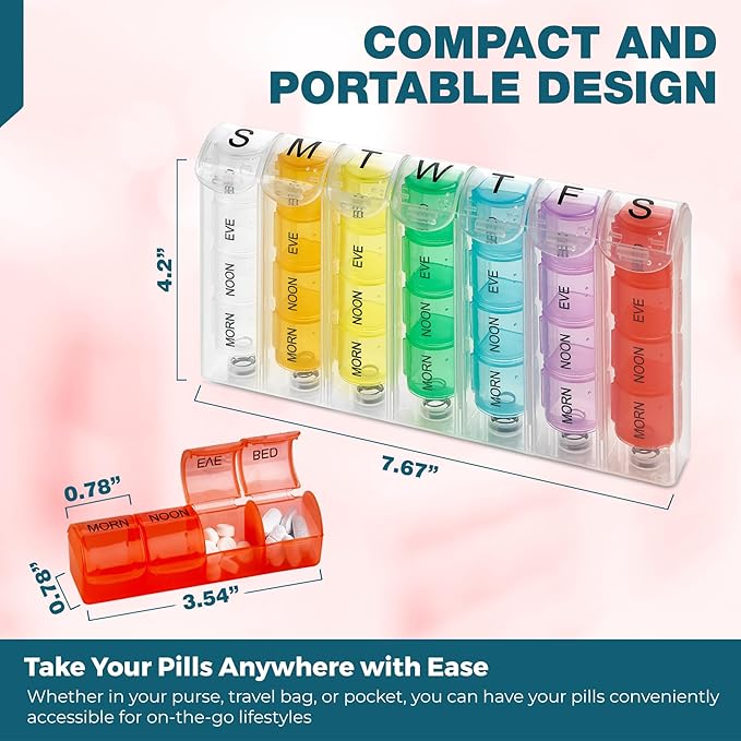 Weekly Pill Organizer - Pill Planners for Pills and Vitamins Day Week, 4 Times-a-Day Medication Reminder, AM PM Compartments Monday to Sunday for Travel or Purse (Case of 40)