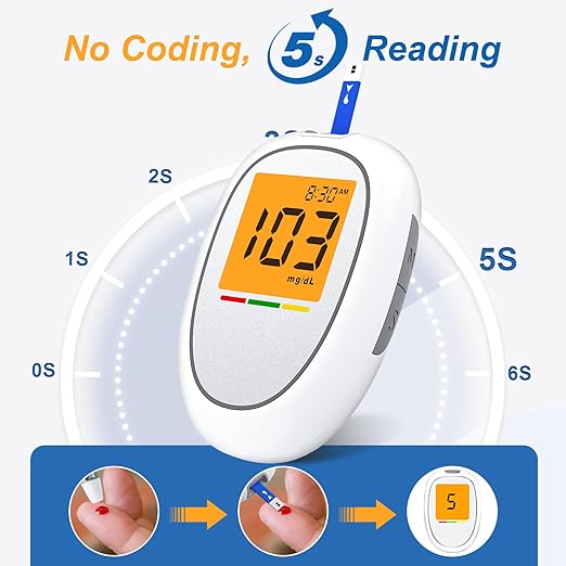Blood Glucose Monitor Kit, Blood Sugar Testing kit with 50 Blood Sugar Test Strips, 50 Lancets, 1 Blood Glucose Meter, 1 Lancing Device, No Coding Required, Meter Glucometer Kit for Diabetes Testing for Home/Travel Use