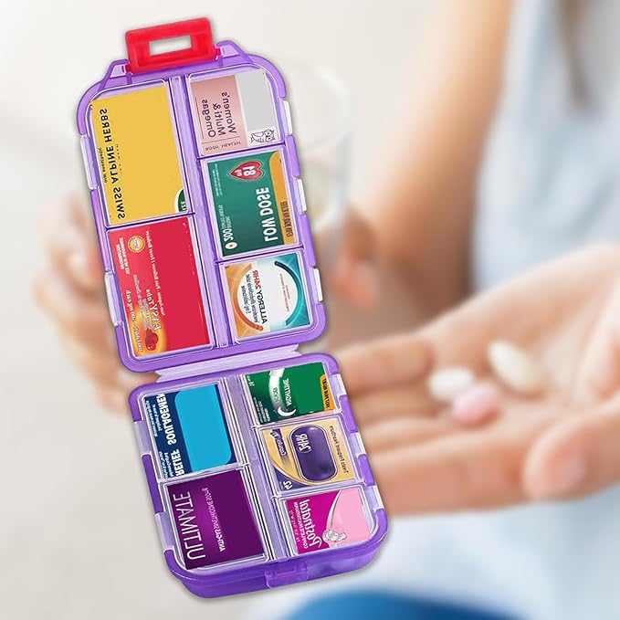 4PCS 7-Day Pill Organizer with Labels – Compact Daily Medication Case | Travel-Sized (3.7" x 2.4") Secure Lock | AM/PM Compartments | Includes 300+ Common Medicines Vitamins Health Product Sticker
