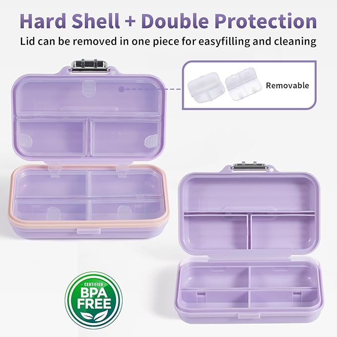 Daviky Travel Pill Organizer,Large 7-Compartment Pill Box for Vitamins & Medications, Compact Medicine Case for Pocket or Purse(Purple)