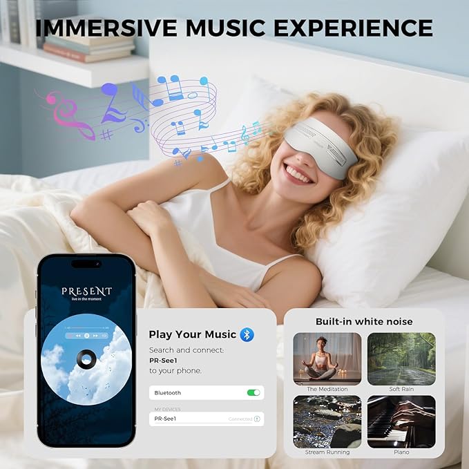 Eye Massager with Heat and Cooling, 12 Vibrators, 4 Massage Modes, 3 Temp Settings, Rechargeable Bluetooth Music, Gifts for Women/Men,Smart Sleep Mask for Relax, Reduce Strain
