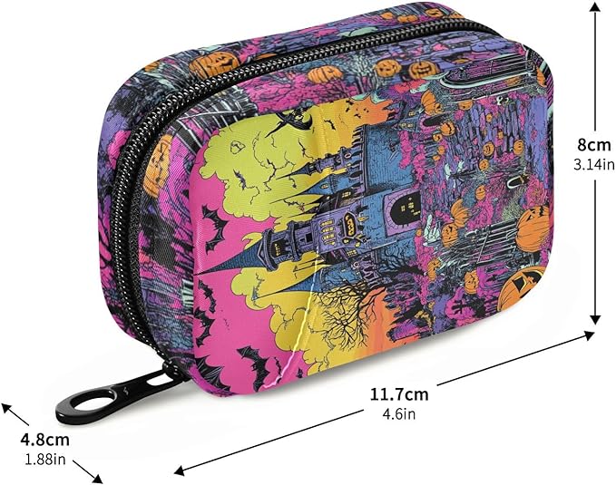 Halloween Castle Bats Pumpkins Pink Travel Pill Organizer Case Box Container Weekly Portable Vitamin Medicine Holder Storage Bag with Zipper Removable