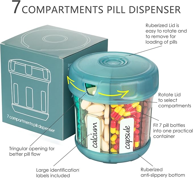 Extra Large Supplement Organizer with XL 7 Large Compartments, TPU Soft Lid Easy to Load and to Use Pill Dispenser, 1 Month Jumbo Vitamin Holder Medicine Storage