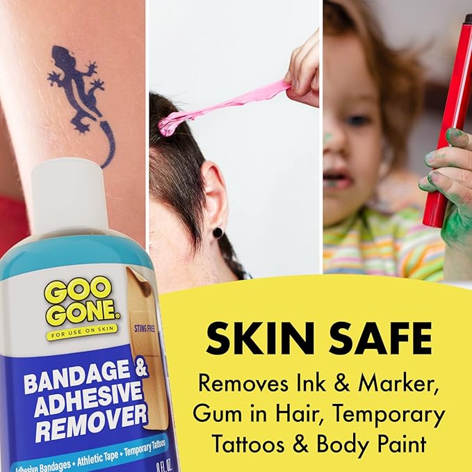 Goo Gone Skin Adhesive Remover - Safe and Pain Free Removal for Sticky Residue From Continuous Glucose Monitors, KT Tape, Medical Tape, Heart Rate Monitors, Insulin Pumps, 8 oz.
