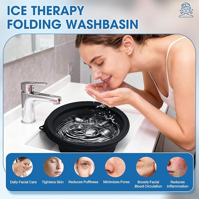 Portable Facial Ice Bath Bowl - Foldable Silicone Bowl with Built-In Ice Tray for Skincare, Suitable for Skin Facial Icebath at Home (Black)