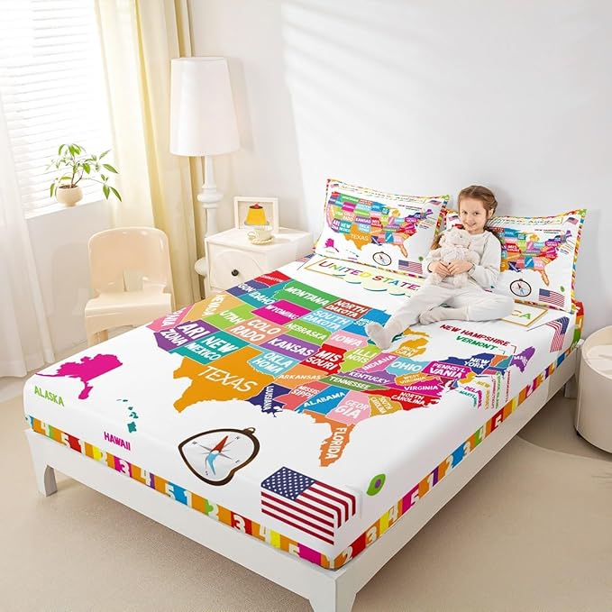 USA Map Fitted Sheet Queen, Geography USA Map Bed Sheet Set for Boys Girls Educational Bedding Set Learning Time Bed Cover 3Pcs (No TOP Sheet)