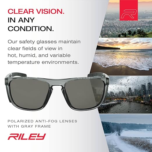 Riley Navigator X Safety Glasses – Anti-Fog, Scratch/Impact Resistant & Polarized Lenses, Lightweight Full-Frame for Work, Outdoors, & Active Lifestyles, Gray