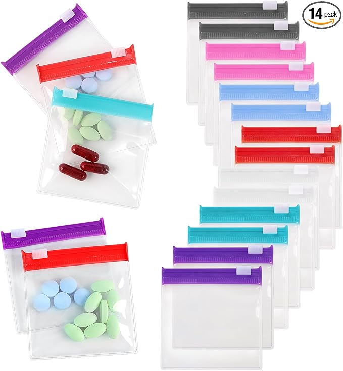 Reusable Zippered Pill Pouch with Slide Lock - 14 Piece Set in 7 Colors - Travel Pill Case for Medicine, Qtips & Small Items - Compact Pill Bags for Trave