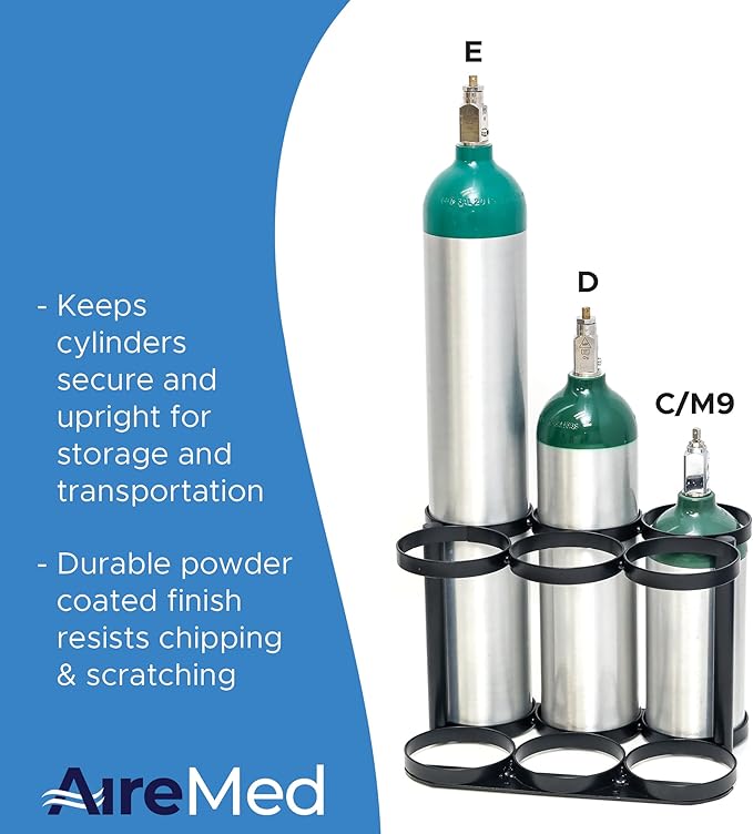 AireMed Oxygen Tank Holder – Holds (6) E, D or M9/C Size Tanks - Heavy-Duty Oxygen Cylinder Rack for Storage and Transportation – Floor Mountable Oxygen Rack – Stylish Black Frame - 4.5" Diameter