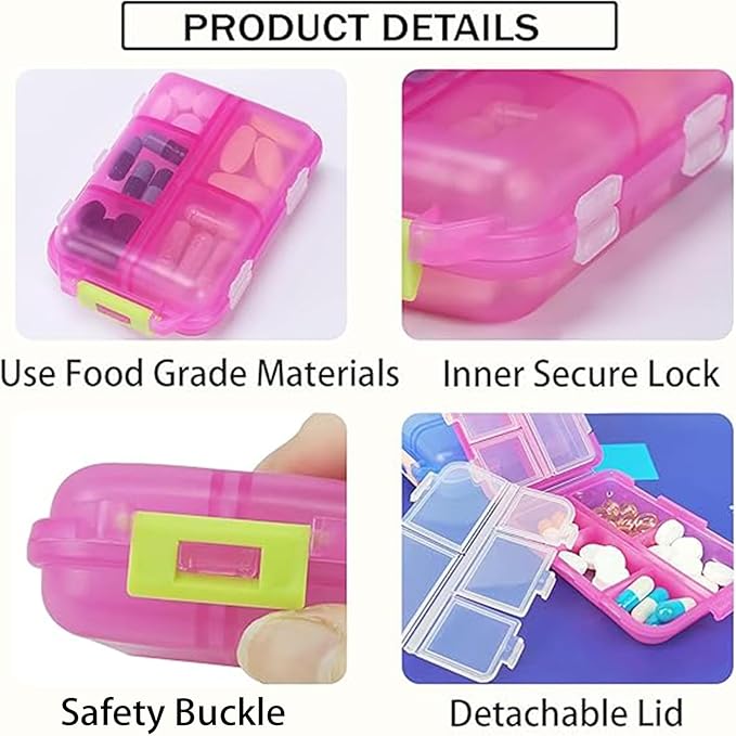 Travel Pill Organizer Portable Pocket Pill Case Small Pill Box for Purse Medicine Organizer Have 10 Compartments Storage Vitamin Fish Oil by INVODA (1PCS Pink+Lables)