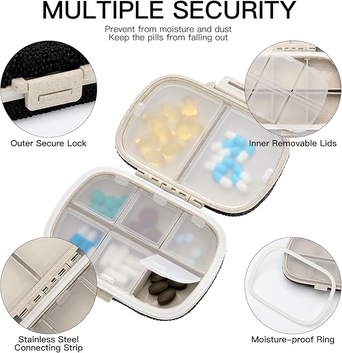 Soleebee Portable 8 Compartments Daily Pill Organizer, Bling Crystal Diamond Pill Box, Small Travel Pill Case, Pill Dispenser, Medicine Container Organizer to Hold Vitamin, Fish Oil (Black)