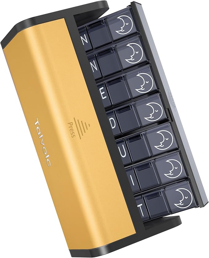 Pill Organizer 7 Day AM PM, Discreet 2 Times a Day Weekly Pill Box with Double Protection Shell, Large Capacity Portable Vitamin Case for Travel Meds & Medicine Organizer (Silver and Yellow)