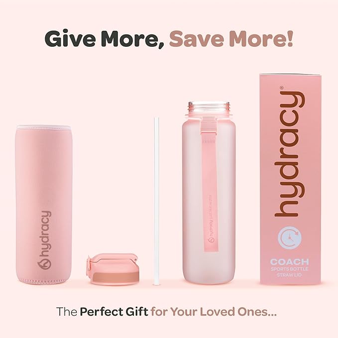 Hydracy Water Bottle with Time Marker -Large BPA Free Water Bottle & No Sweat Sleeve -Leak Proof Gym Bottle with Fruit Infuser Strainer & Times to Drink -Ideal for Fitness Sports & Outdoors