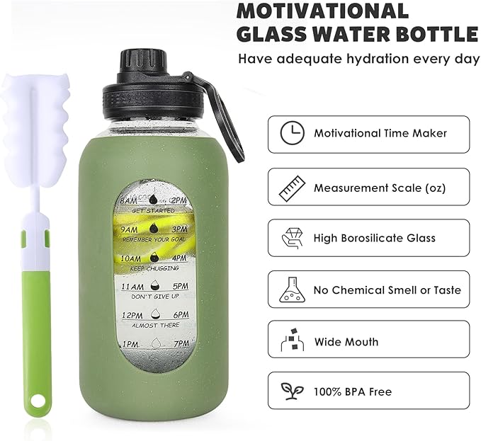 40oz Glass Water Bottle with Handle Lid Time Marker Motivational Sport Water Jug with Silicone Sleeve Water Flask Canteen Wide Mouth Water Bottle for Gym Workout Travel Office Home Everyday Hydration