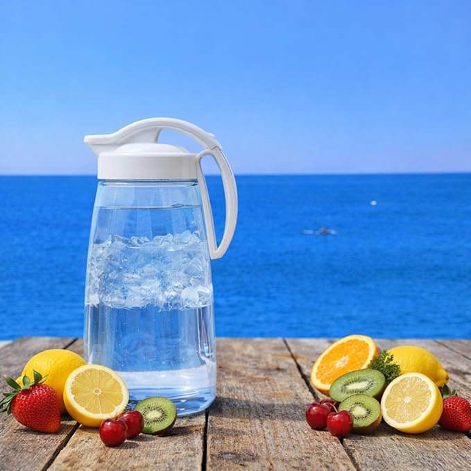 One-Touch Airtight Pitcher with Lid, 2.3QT (74oz) – Heat Resistant, Leakproof Quickpour Jug for Hot & Cold Drinks, Coffee, Tea, Water, Space-Saving, Dishwasher Safe, Made in Japan