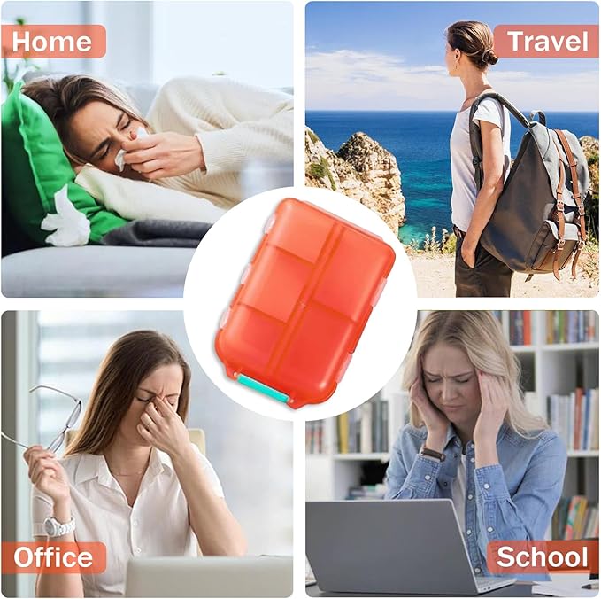 Travel Pill Organizer Portable Pocket Pill Case Small Pill Box for Purse Medicine Organizer Have 10 Compartments Storage Vitamin Fish Oil by INVODA (Orange)