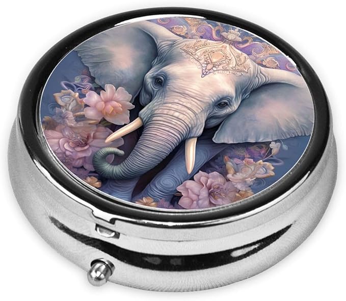 Gorgeous Elephant Flower Pill Box 3 Compartment Pill Case, Portable Medicine Pill Organizer for Pocket Purse Pill Box Decorative Metal Medicine Vitamin Organizer