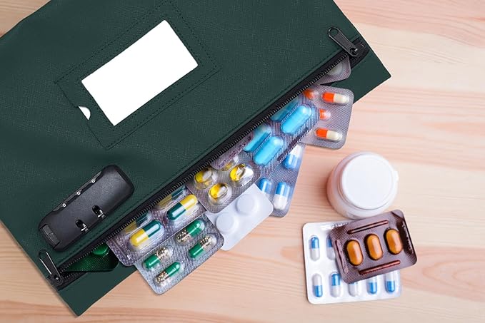 Medicine Bag with Lock | 12x8 Inch Medication Storage Case | Pills Locking Zipper Organizer (Green)
