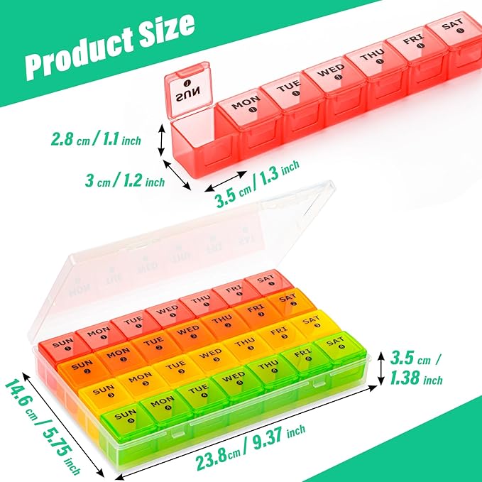 Large Monthly Pill Organizer, XL 4 Weeks Pill Box,28 Day Pill Cases Organizerd by Week,Big Compartment Pill Container with Dust-Proof,for Pills/Vitamin/Fish Oil/Supplements,by Yaklim (ROYG)