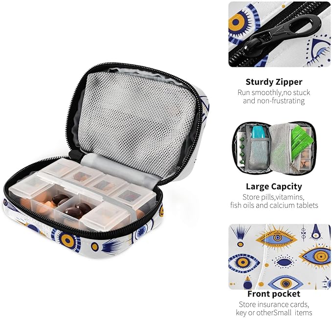 Pill Organizer Case Evil Eyes Pattern Print, Pill Box 7 Days Portable Weekly Pill Purse Pouch