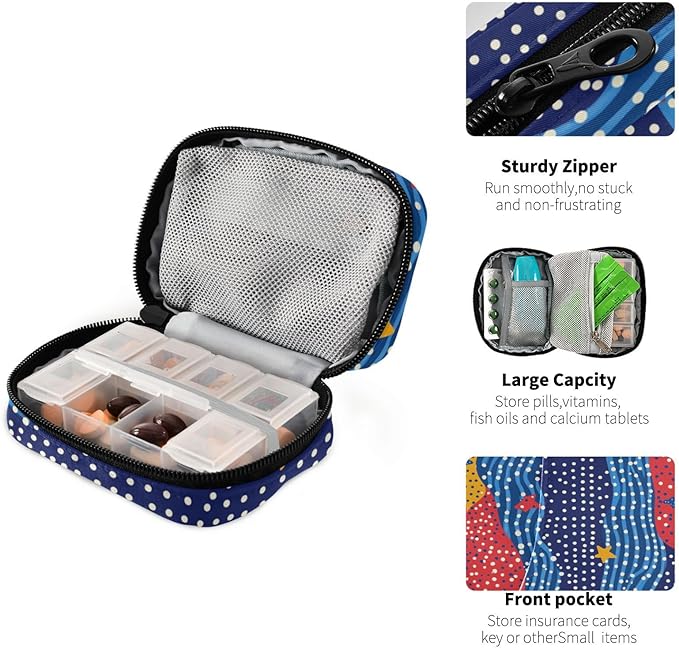 Dotted July 4th Stars Travel Pill Organizer Case Box Container Weekly Portable Vitamin Medicine Holder Storage Bag with Zipper Removable