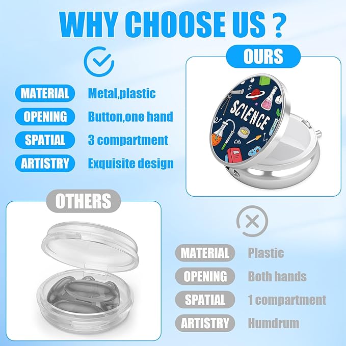 Blue Science Pill Case, Pill Box 3 Compartments Metal Small Pill Holder with Mirror Mini Travel Pill Container for Purse Pocket Women Men